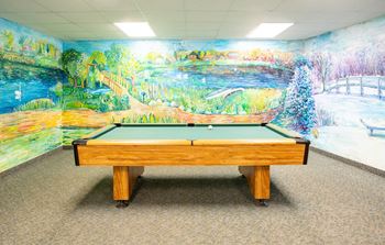 A pool table in front of a mural